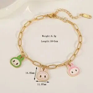 Labubu Inspired 14K Gold Theme Heads Paper Clip Link Charm Bracelet No Fade